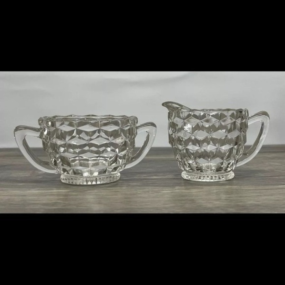 Vintage Indiana Glass Whitehall Clear Cubist Creamer Sugar Bowl Set